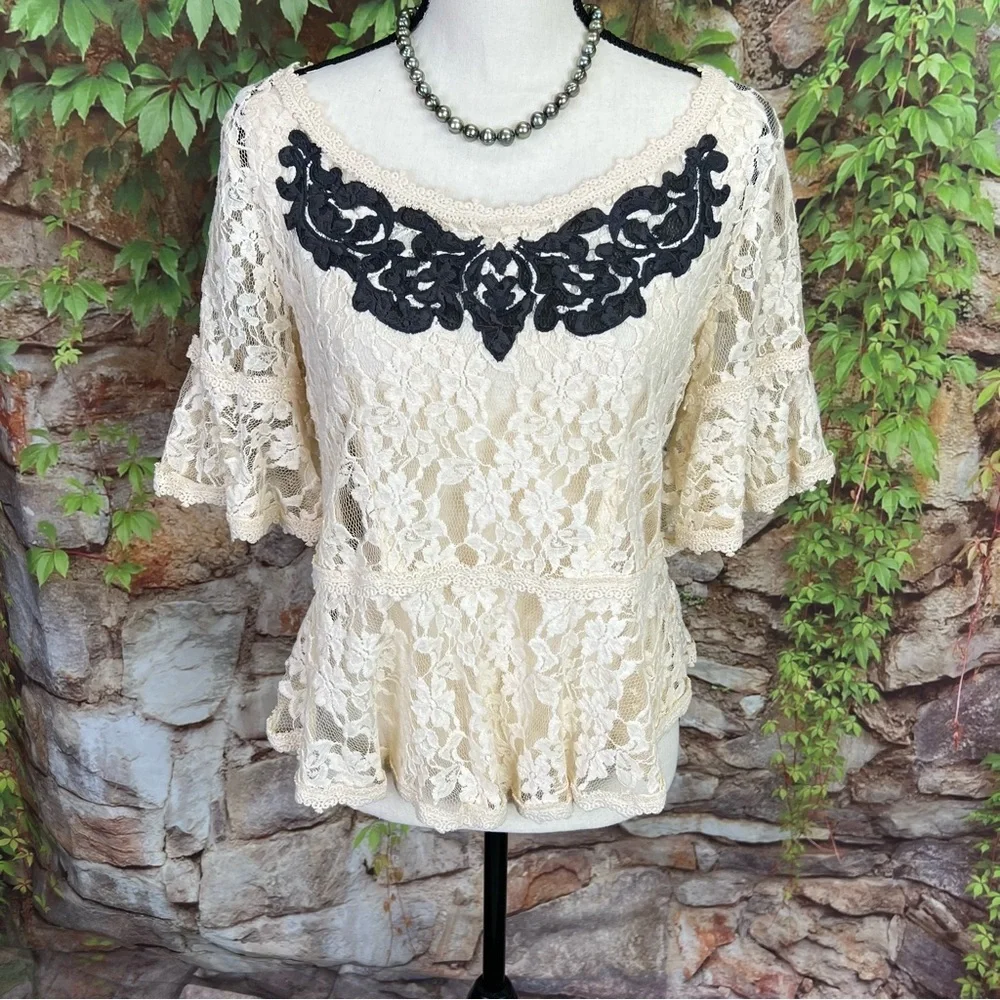 FREE PEOPLE Cottagecore Cream Peplum Blouse with Black Lace Ruffles, M